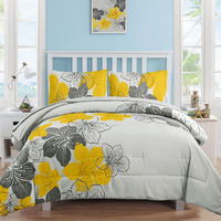 Yellow Comforter Set Queen Size, Yellow Floral Pattern Printed On Light Grey, Soft Microfiber 7 Pieces Bed In A Bag (1 Comforter, 2 Pillow Shams, 1 Flat Sheet, 1 Fitted Sheet, 2 Pillowcases)