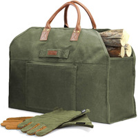 Inno Stage Firewood Log Carrier Bag Waxed Canvas Tote Holder With Fireplace Pure Leather Gloves Set For Camping, Bbq Barbecue- Green Bag