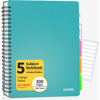 Sunee 5 Subject Notebook College Ruled - 300 Pages, 8.2 ""X10.8 "", Spiral Lined Notebook With 5 Pocket Colored Dividers, 3-Hole Punched Paper, Teal Notebooks For School Supplies, Home & Office, Writing Journal
