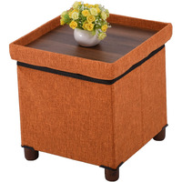 15 Inches Storage Ottoman With Wooden Legs Cube Foot Rest Stool, Square Footstool Storage, Ottoman With Storage For Living Room, Foldable Fabric Ottoman, Comfortable Seat With Lid, Space-Saving Orange