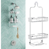 Zenna Home Hanging Shower Caddy, Over The Shower Head Bathroom Storage, Rustproof, No Drilling, Bath Organizer With 2 Shelves, Soap Tray, Razor Holders And Hooks, Satin Chrome
