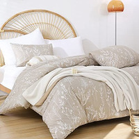 Janzaa 3 Pieces Duvet Covers Queen Size Floral White Botanical Printed On Oatmeal Duvet Cover Soft Bed Cover With Zipper Closure 4 Ties (2 Pillow Cases)