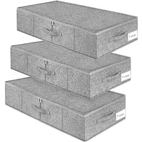 Punemi Under Bed Storage, 3 Pack Underbed Storage Container Bags With Lid, Foldable Sturdy Clothes Storage Drawer Organizer W/ 3 Handles, Ultra Thick Fabric Blanket Shoe Storage Box, Grey