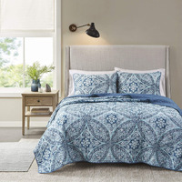 Comfort Spaces Reversible Quilt Set-Vermicelli Stitching Design All Season, Lightweight, Coverlet Bedspread Bedding, Matching Shams, Full/Queen (90 In X 90 In), Gloria Damask Aqua 3 Piece