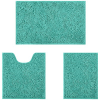 Homeideas 3 Pieces Bathroom Rugs, Ultra Soft Non Slip Absorbent Chenille Toilet Bath Mat Set (Turquoise)