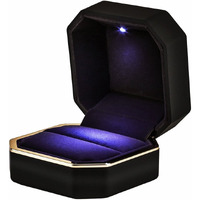 Aveson Luxury Ring Box, Square Velvet Wedding Ring Case Jewelry Gift Box With Led Light For Proposal Engagement Wedding, Black