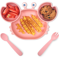 Rocced Suction Plates For Baby, Silicone Plates With Suction Divided, Baby Spoon Fork Set For Toddler Baby Dishes Kids Plates And Utensils-Crab Pink