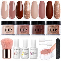 Azurebeauty Dip Powder Nail Kit Starter, 4 Colors Skin Nude Brown Glitter, Acrylic Dipping Powder Liquid Set With Base/Top Coat Activator For Daily French Nail Art Manicure Diy Gift 12 Pcs
