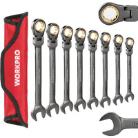 Workpro 8-Piece Flex-Head Ratcheting Combination Wrench Set, Metric 9-17 Mm, 72-Teeth, Cr-V Constructed, Nickel Plating With Organization Bag