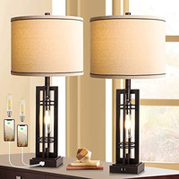 Rottogoon Set Of 2 Table Lamps With Usb Ports, 27.5"" Tall Farmhouse With 2 Led Nightlight Blubs, Bedside Lamp Oil Rubbed Bronze Off White Oatmeal Shade For Living Room Bedroom Home Office