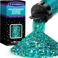 Leobro Blue Glitter, 160G/5.64Oz Glitter, Holographic Chunky Glitter, Craft Glitter For Resin, Metallic Chunky Fine Glitter Sequins Flakes Bulk, Glitter For Body Nail, Tumblers, Peacock Blue Glitter