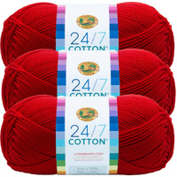 Lion Brand 24/7 Cotton Yarn, Yarn For Knitting, Crocheting, And Crafts, Red, Pack Of 3