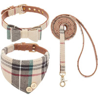 Expawlorer Dog Collar And Leash Set - Classic Plaid Dog Bow Tie And Dog Bandana Collar, Dog Leash Tangle Free, Adjustable Collars For Small Medium Large Dogs Cats, Holiday Ideal Gift