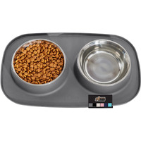 Gorilla Grip 100% Waterproof Bpa Free Cat And Dog Bowls Silicone Feeding Mat Set, Stainless Steel Bowl Slip Resistant Raised Edges, Catch Water, Food Mess, No Spills, Pet Accessories, 1 Cup, Gray