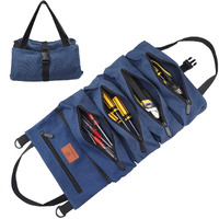 Wessleco Roll Up Tool Bag, 16Oz Canvas Wrench Roll Up Pouch Multi-Purpose Tool Roll Organize, 5 Zippered Tool Pockets (Blue)
