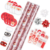 Lezakaa Pink Christmas Wrapping Paper Bundle With Bow, Ribbon, Sticker And Gift Tag - Metallic Foil Design With Snowflakes/Santa Claus/Ho Print - 17 X 120 Inches - 3 Rolls