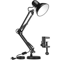 Ameritop Metal Desk Lamp, Adjustable Goose Neck Swing Arm Table Lamp With Interchangeable Base Or Clamp; Eye-Caring Study Desk Lamps For Bedroom, Study, Office, Table (Black)