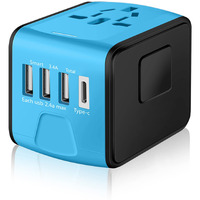 Saunorch Travel Adapter Worldwide, Universal International Power Plug Adapter W/2.4A 3Xusb-A And 3.0A Type-C Wall Charger, European Travel Plug Adapter For Europe Uk Eu Us Ca Au Italy Asia-Blue