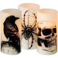 Dromance Halloween Flameless Flickering Candles Battery Operated With 6 Hour Timer White Real Wax Spooky Led Pillar Candles Skull Spider Crown Decals Hallloween Indoor Decor(3 X 6 Inches)