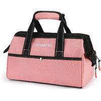 Workpro 13-Inch Tool Bag, Pink Soft Cloth Tool Storage Bags, Wide Mouth Tool Tote Bag With Inside Pockets - Pink Ribbon