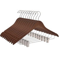 Quality Wooden Skirt Hangers With Clips, 10-Pack Smooth Solid Wood Pants Hangers With Durable Adjustable Metal Clips, Swivel Hook, Coat, Jacket, Blouse Suit Hangers (Walnut - Chrome Hook, 10)
