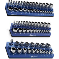 Olsa Tools Magnetic Socket Organizer  3 Piece Socket Holder Kit  1/2-Inch, 3/8-Inch, 1/4-Inch Drive  Metric Blue  Holds 75 Sockets  Professional-Grade