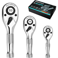 Duratech 3Pcs Stubby Ratchet Wrench Set, 90-Tooth 1/4"" 3/8"" 1/2"" Drive Socket Wrench, Mini Small Ratchet With Cr-Mo Head, Quick-Release & Reversible Design, Full Polished, Eva Organizer