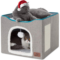 Bedsure Cat Beds For Indoor Cats - Large Cat Cave For Pet Cat House With Fluffy Ball Hanging And Scratch Pad, Foldable Cat Hideaway,16.5X16.5X13 Inches, Grey