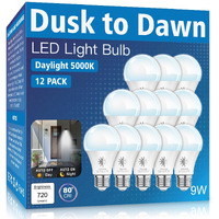 Gonhom 12 Pack Dusk To Dawn Light Bulbs Outdoor, 5000K-Daylight, 720Lm, 9W(60W Equivalent) A19 E26 Automatic On/Off Led Light Bulbs, Dusk To Dawn Led Outdoor Lighting For Porch Garage Patio