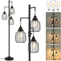Dimmable Industrial Floor Lamp With 3 Led Edsion Bulbs, Farmhouse Tall Standing Lamp For Living Room, Rustic Black Tree Bright Vintage Pole Light With Cage Shades For Bedroom Home Decor