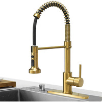 Hoimpro Brushed Gold High Arc Spring Kitchen Faucet With Pull Down Sprayer, Commercial Rv Single Lever Kitchen Sink Faucet ,3 Function Single Handle Laundry Faucet, Brass / Brushed Gold (1 Or 3 Hole)