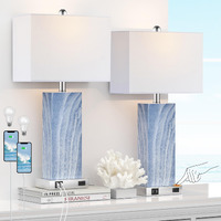 Touch Control Table Lamps With White Fabric Shade Set Of 2, 3-Way Dimmable Modern Ceramic Blue Nightstand Bedside Lamp With 2 Usb Ports 1 Ac Outlet For Living Room, Bedroom (Led Bulbs Included)