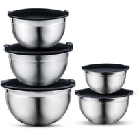 Vinod Mixing Bowls With Lids - Set Of 5 Stainless Steel Nesting Bowl | Meal Prep Bowls | Mix & Serve | Flat Bottom & Stackable | Heavy Duty, Easy To Clean, Space Saving, Cooking, Prepping | Black Lids