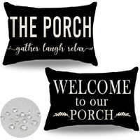 Jojogogo Welcome To Our Porch Pillows Black Farmhouse Outdoor Lumbar Pillow Covers 12X20 Waterproof Set Of 2 Front & Back Porch Decor Rustic Throw Pillows For Garden Deck Patio Furniture (No Inserts)