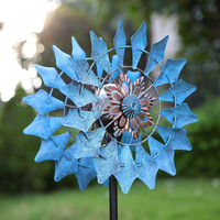 Solar Wind Spinner Azure 360 Degrees Rotate With Multicolor Crackle Glass Globe Led Light Kinetic Dual Direction Wind Spinner For Garden Backyard Lawn Decoration