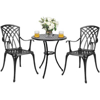 Polar Aurora 3 Piece Patio Bistro Set Cast Aluminum Bistro Table Set Outdoor Round Dining Table With Umbrella Hole For Porch, Lawn, Garden, Backyard, Pool,Black