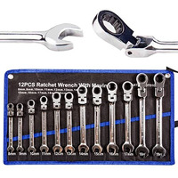 Tr Toolrock 12Pcs Flex Head Ratcheting Wrench Set- 8-19Mm Metric Ratchet Combination Wrenches Crv Gear Spanner Set