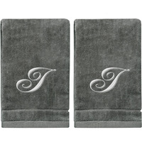Monogrammed Towels Fingertip, Personalized Gift, 11 X 18 Inches - Set Of 2- Silver Embroidered Towel - Extra Absorbent 100% Cotton- Soft Velour Finish - For Bathroom/ Kitchen/ Spa- Initial I (Gray)