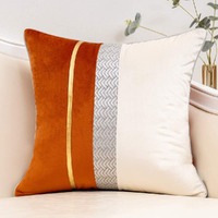 Yangest Burnt Orange Patchwork Velvet Throw Pillow Cover With Gold Striped Leather Cushion Case Modern Luxury Pillowcase For Sofa Couch Bedroom Living Room Home Decor,20""X20""