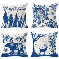 Andreannie Set Of 4 Merry Christmas Snowflake Christmas Tree Bear Cotton Linen Decorative Throw Pillow Cover Cushion Case For Home Sofa Square 18 Inches (Blue)