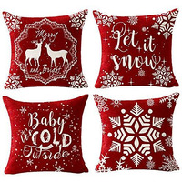 Andreannie Set Of 4 Merry Christmas Snowflake Let It Snow Baby It's Cold Outside Red Deer Cotton Linen Decorative Pillow Cover Cushion Case For Home Sofa Square 18 Inches