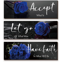 3 Pcs Blue Bathroom Wall Decors Inspirational Blue Decor Wooden Blue Roses Flower Wall Art Office Wall Decor With Accept Let Go Have Faith Quotes For Girl Women Bathroom Bedroom(Blue Rose12 X 4 Inch)