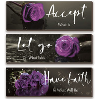 3 Pcs Purple Wall Decor Inspirational Purple Bathroom Wall Decor Wooden Purple Rose Wall Art Office Wall Decor With Accept Let Go Have Faith Quotes For Girl Women Bathroom Bedroom(Purple 16 X 5Inch)