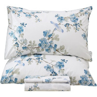Qsh Floral King Size Sheet Sets - Elegant Bird Tree Branch Blossom Printed Bedding 100% Egyptian Cotton Sheets King Size Bed Extra Soft And Breathable 17.5"" Extra Deep Pocket King Size Sheets 4Pcs