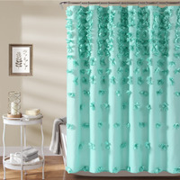 Lush Decor Riley Shower Curtain Bow Tie Textured Fabric Vintage Chic Farmhouse Style Bathroom Decor, 0, Aqua