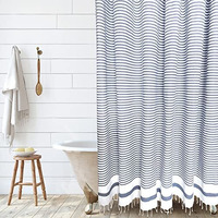 Hall & Perry Modern Catalina Shower Curtain 100% Cotton Striped Fabric With Tassels For Bathroom D?Or-Catalina Chambray 72""X72""