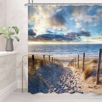 Riyidecor Beach Ocean Shower Curtain Seaside Seashore 60Wx72H Inch Sunset Costal Scenery Landscape Nautical Sea Scenic Sand Blue Sky Summer Peaceful Calming Relax Polyester Fabric Bathroom Bathtub