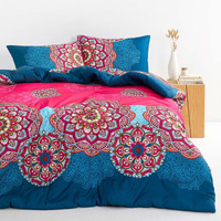 Wake In Cloud - Bohemian Comforter Set, Fuchsia Blue Boho Chic Mandala Floral Medallion Pattern Printed, Soft Microfiber Bedding (3Pcs, King Size)