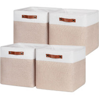Hnzige Fabric Baskets Storage Cubes Baskets Set(4 Pack) Large Cube Baskets For Shelves,13X13X13 Storage Cube Bins For Storage With Leather Handles For Home, Toys, Clothes, Kids Room, Closet Storage(White&Beige)