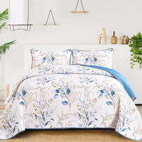 Anibedding Botanical Quilt Set Twin, 2 Pieces Reversible Elegant Blue Leaves Pattern Bedspread Coverlet Soft Microfiber Bed Cover For All Season(68""?6"")
